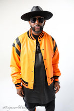 Load image into Gallery viewer, Black and Orange vortex varsity Jacket