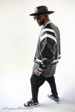 Load image into Gallery viewer, Black and white Vortex varsity Jacket