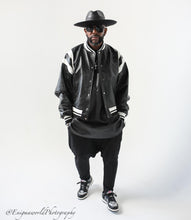 Load image into Gallery viewer, Black and white Vortex varsity Jacket
