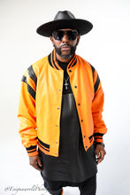 Load image into Gallery viewer, Black and Orange vortex varsity Jacket
