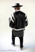 Load image into Gallery viewer, Black and white Vortex varsity Jacket
