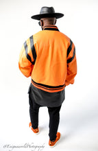 Load image into Gallery viewer, Black and Orange vortex varsity Jacket
