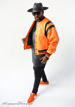 Load image into Gallery viewer, Black and Orange vortex varsity Jacket
