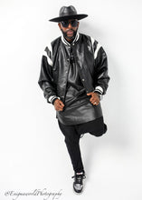 Load image into Gallery viewer, Black and white Vortex varsity Jacket
