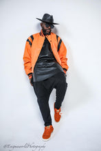 Load image into Gallery viewer, Black and Orange vortex varsity Jacket
