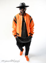 Load image into Gallery viewer, Black and Orange vortex varsity Jacket
