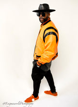 Load image into Gallery viewer, Black and Orange vortex varsity Jacket
