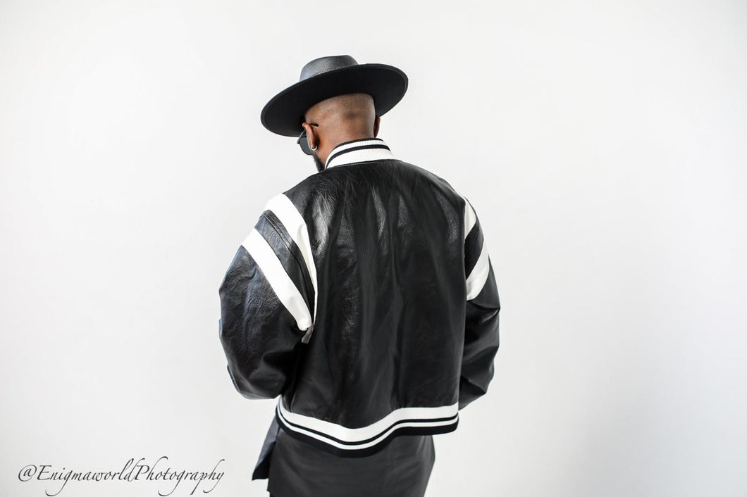 Black and white Vortex varsity Jacket