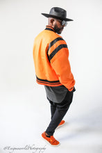 Load image into Gallery viewer, Black and Orange vortex varsity Jacket
